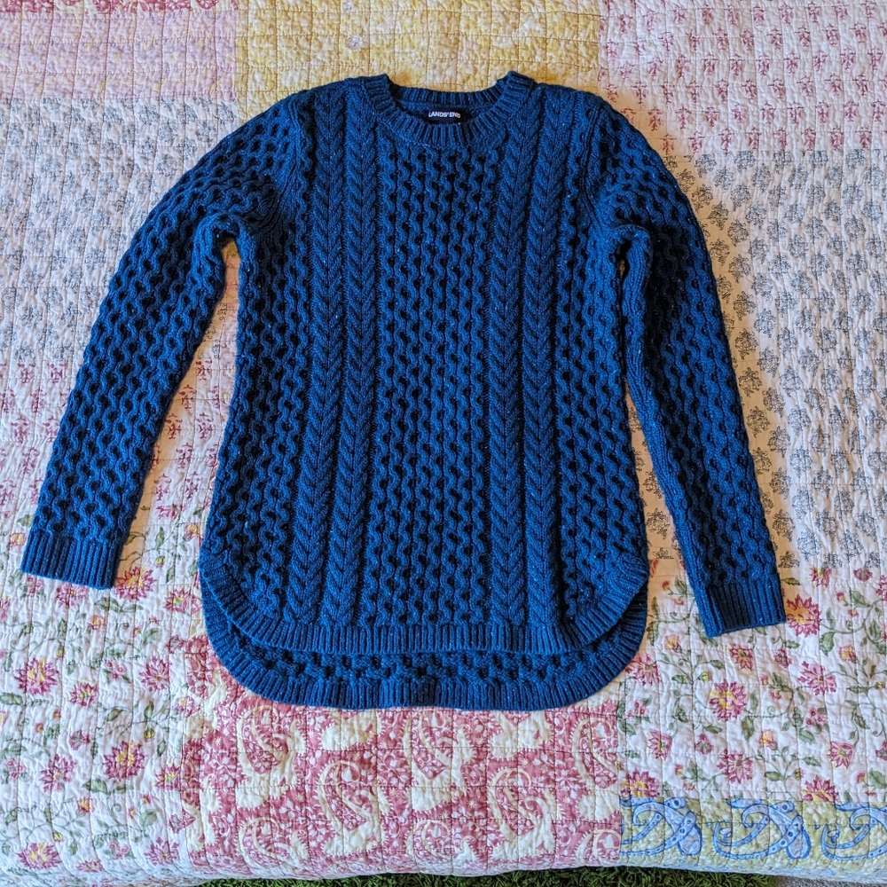 Lands End Teal Cable-knit Sweater High-Low Women's Small 6-8 Wool Blend